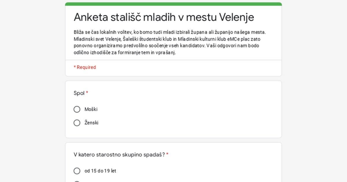 Anketa stališč mladih v mestu Velenje